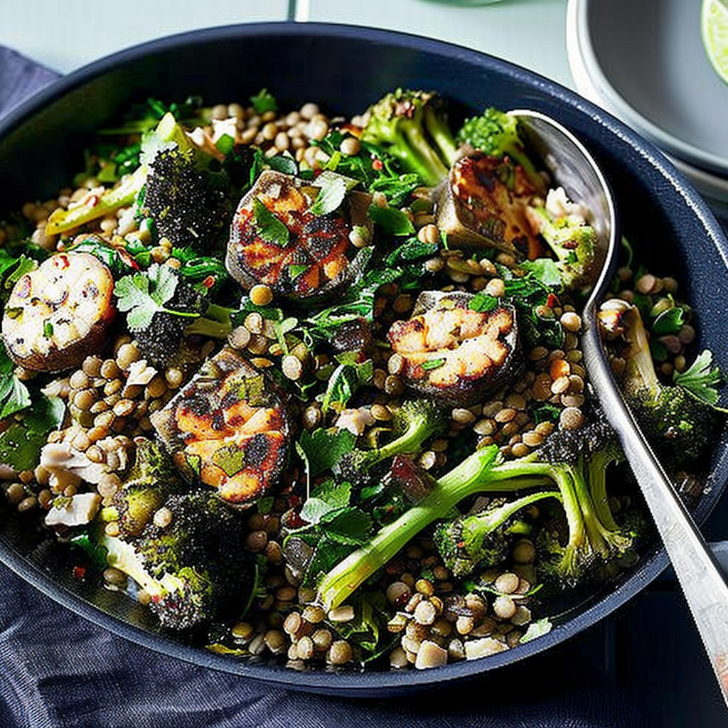 Recipe preparation for Sustainable Seafood & Lentil Skillet with Greens