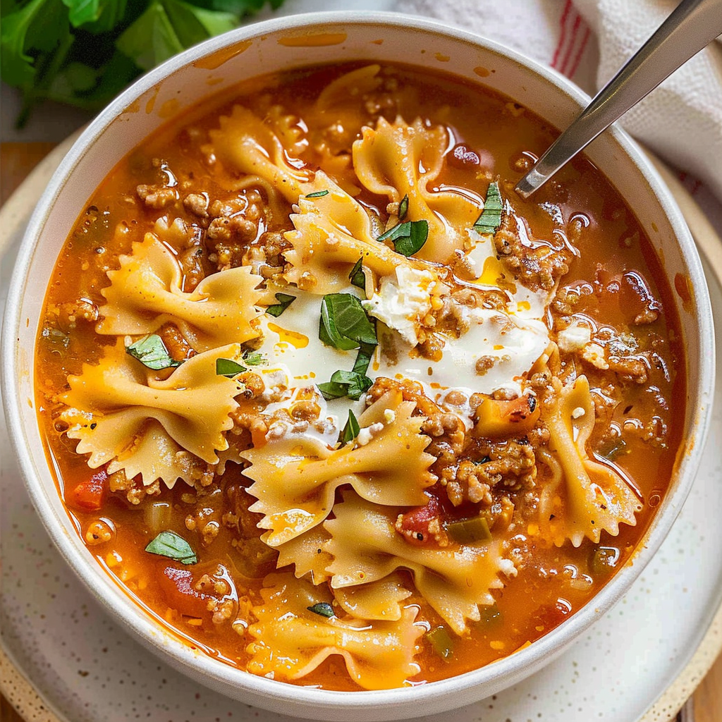 Recipe preparation for Lasagna Soup with Bow Tie Pasta