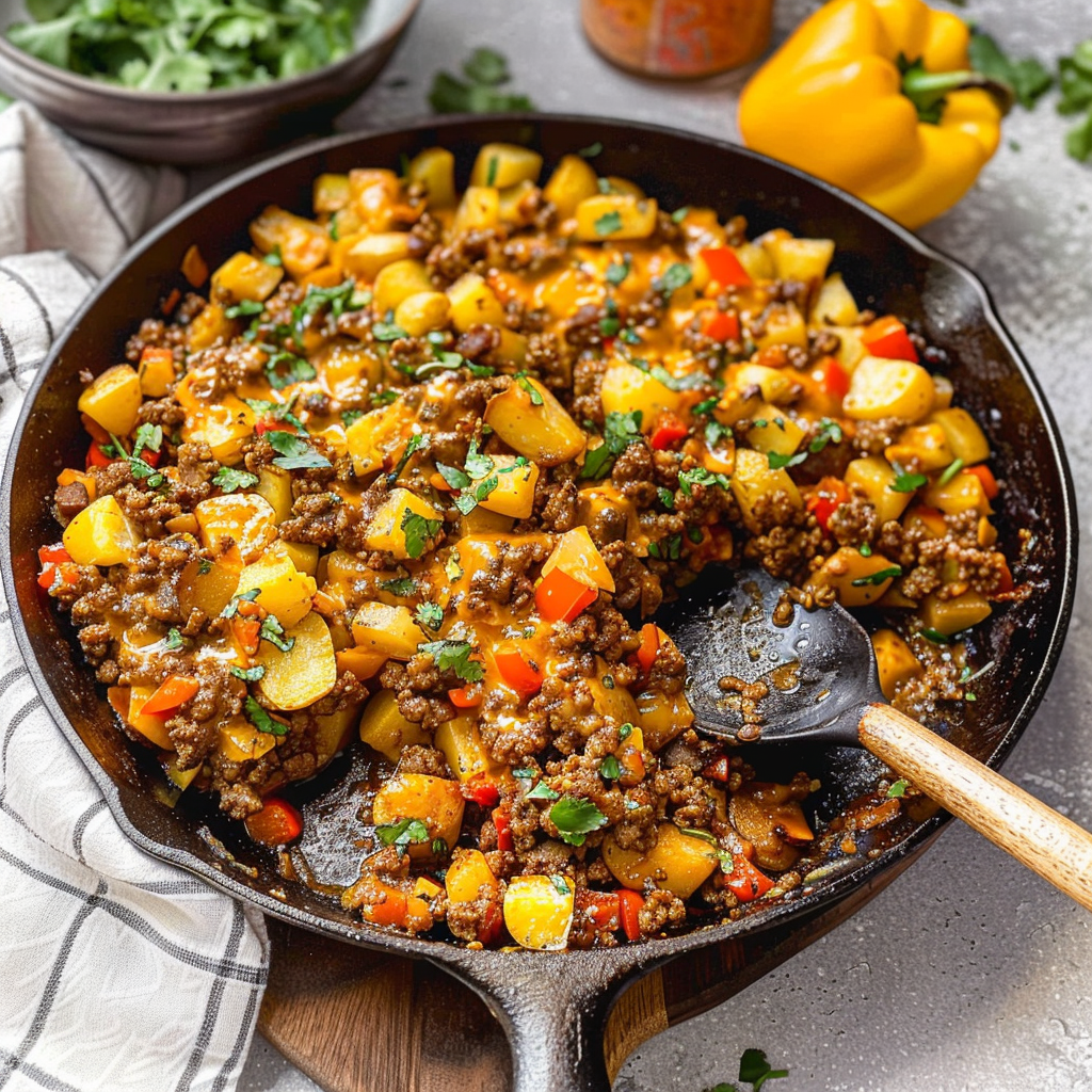 Recipe preparation for Mexican Ground Beef and Potato Skillet