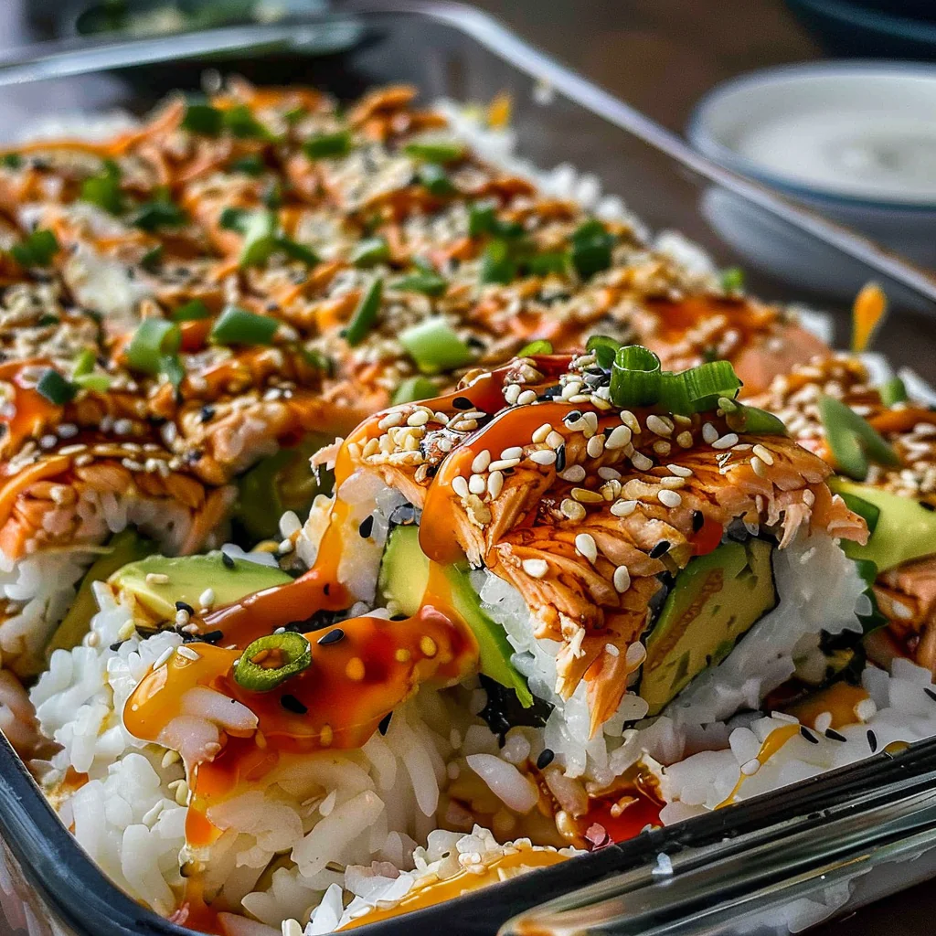 Recipe preparation for Spicy Salmon Sushi Bake