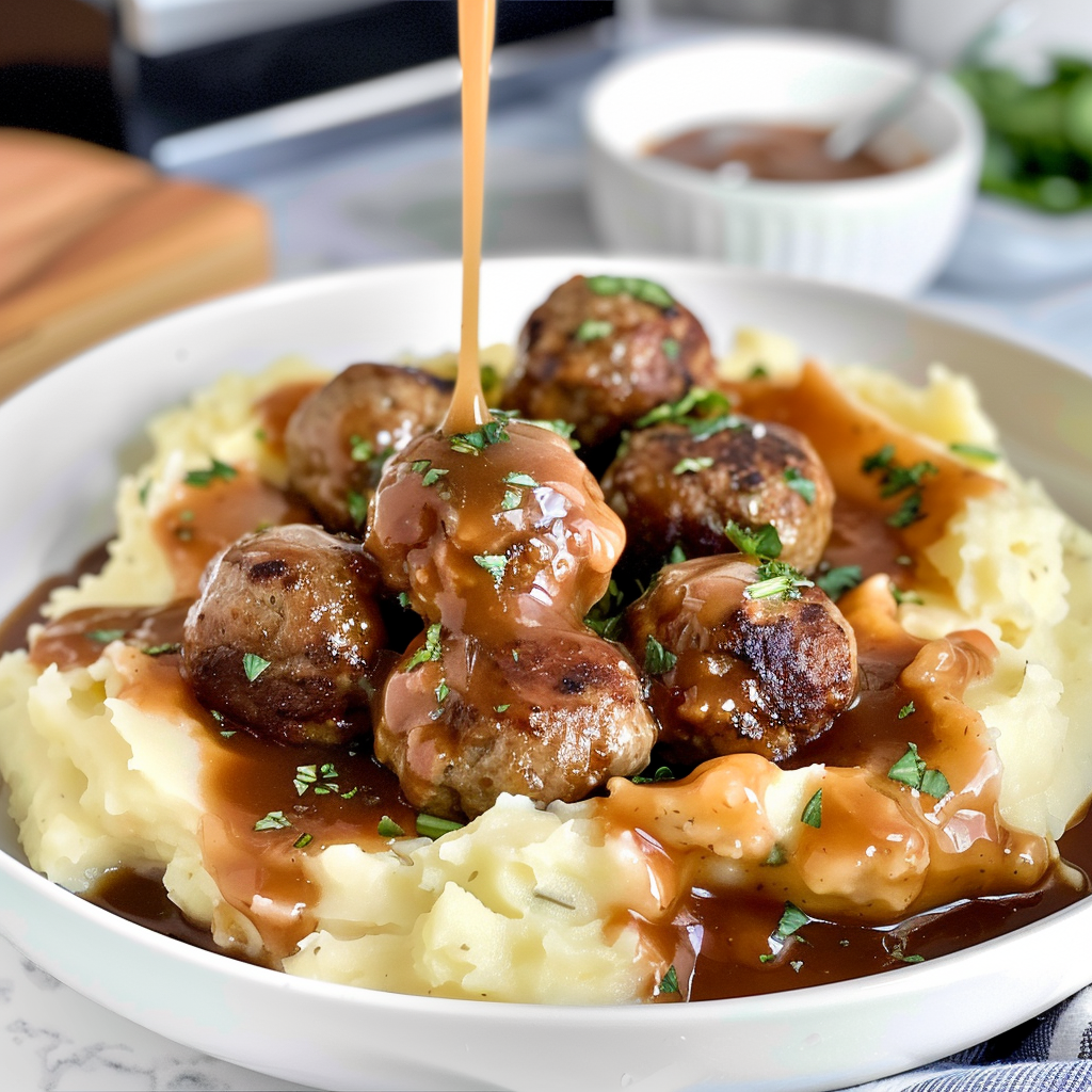 Recipe preparation for Salisbury Steak Meatballs with Garlic Herb Mashed Potatoes
