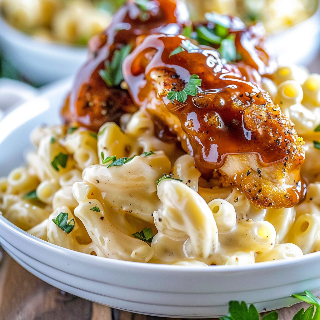Recipe preparation for Creamy Honey Pepper Chicken Mac and Cheese