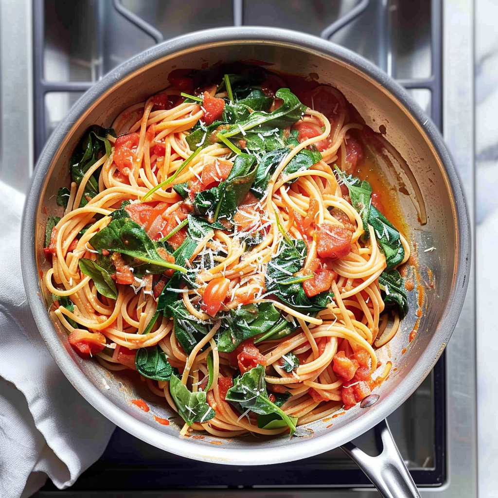 Recipe preparation for One-Pot Spinach Tomato Pasta