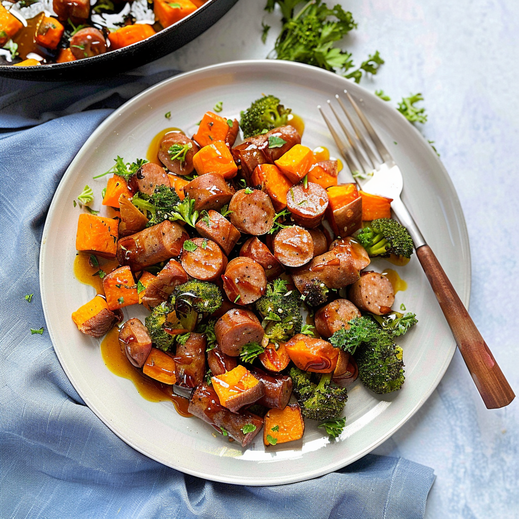 Recipe preparation for Sausage and Sweet Potatoes with Honey Garlic Sauce