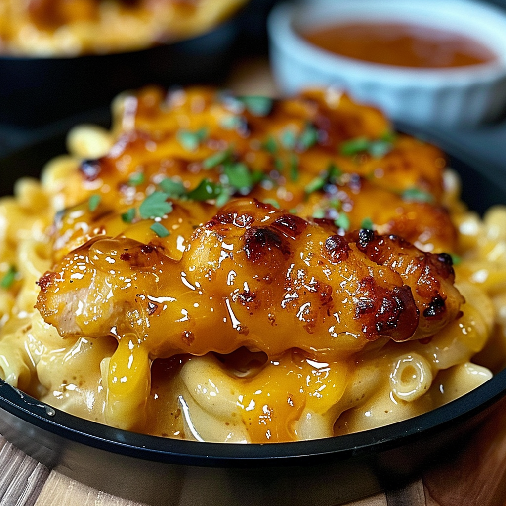 Recipe preparation for Hot Honey Chicken Mac N Cheese
