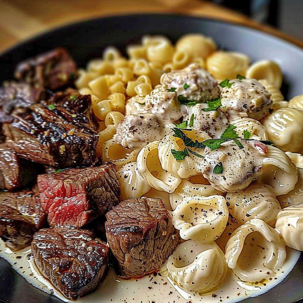 Recipe preparation for Steak Bites and Shell Pasta in Garlic Butter Alfredo Sauce