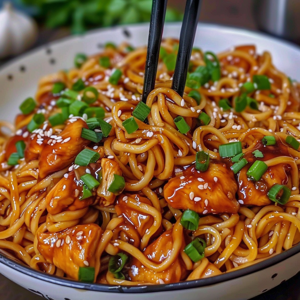 Recipe preparation for Sticky Garlic Chicken Noodles