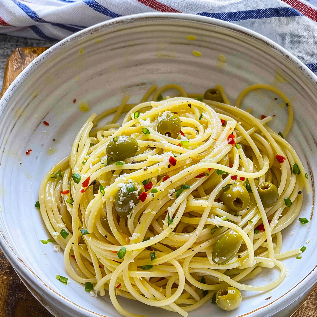 Recipe preparation for Spaghetti Aglio e Olio with Green Olives