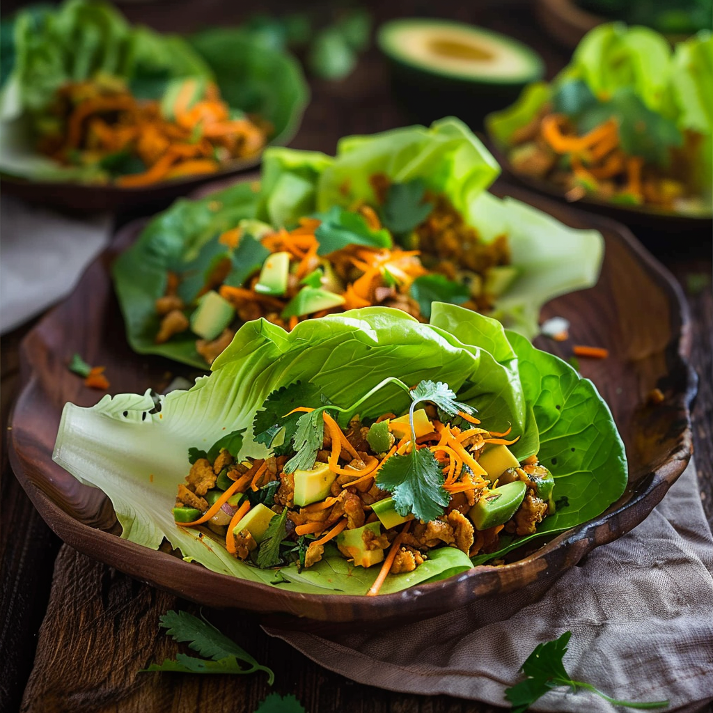 Recipe preparation for Spicy Kimchi & Turkey Lettuce Wraps with Avocado Slaw