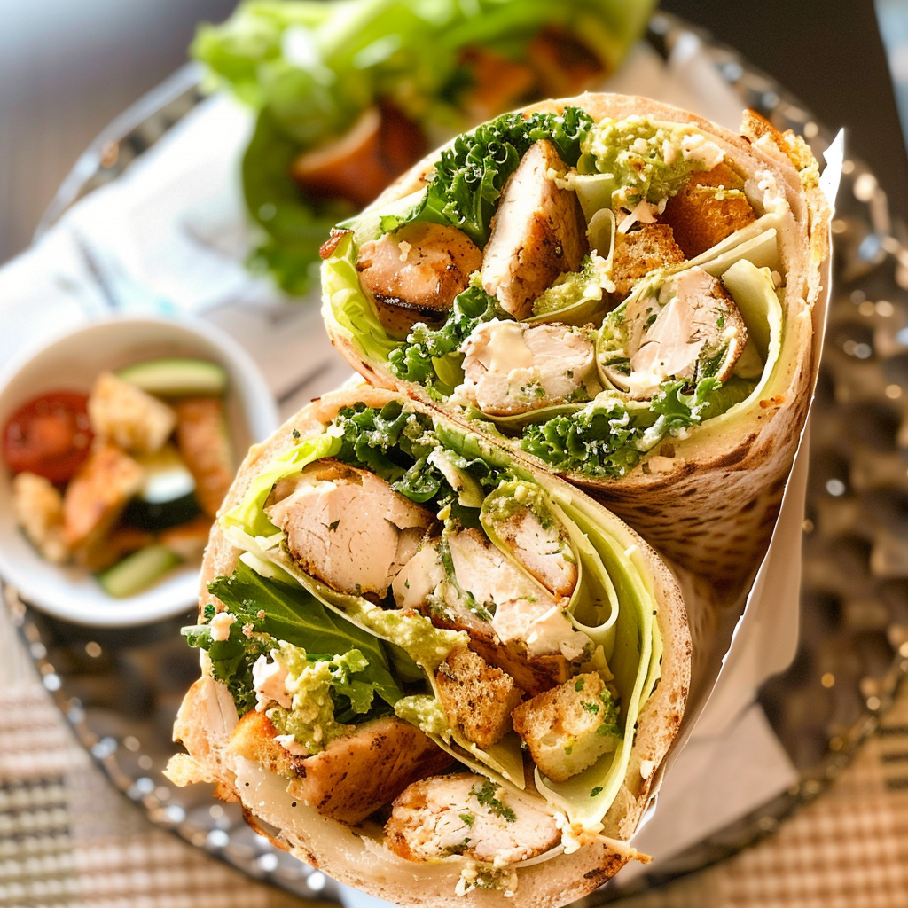 Recipe preparation for Chicken Caesar Wrap with Kale Chips