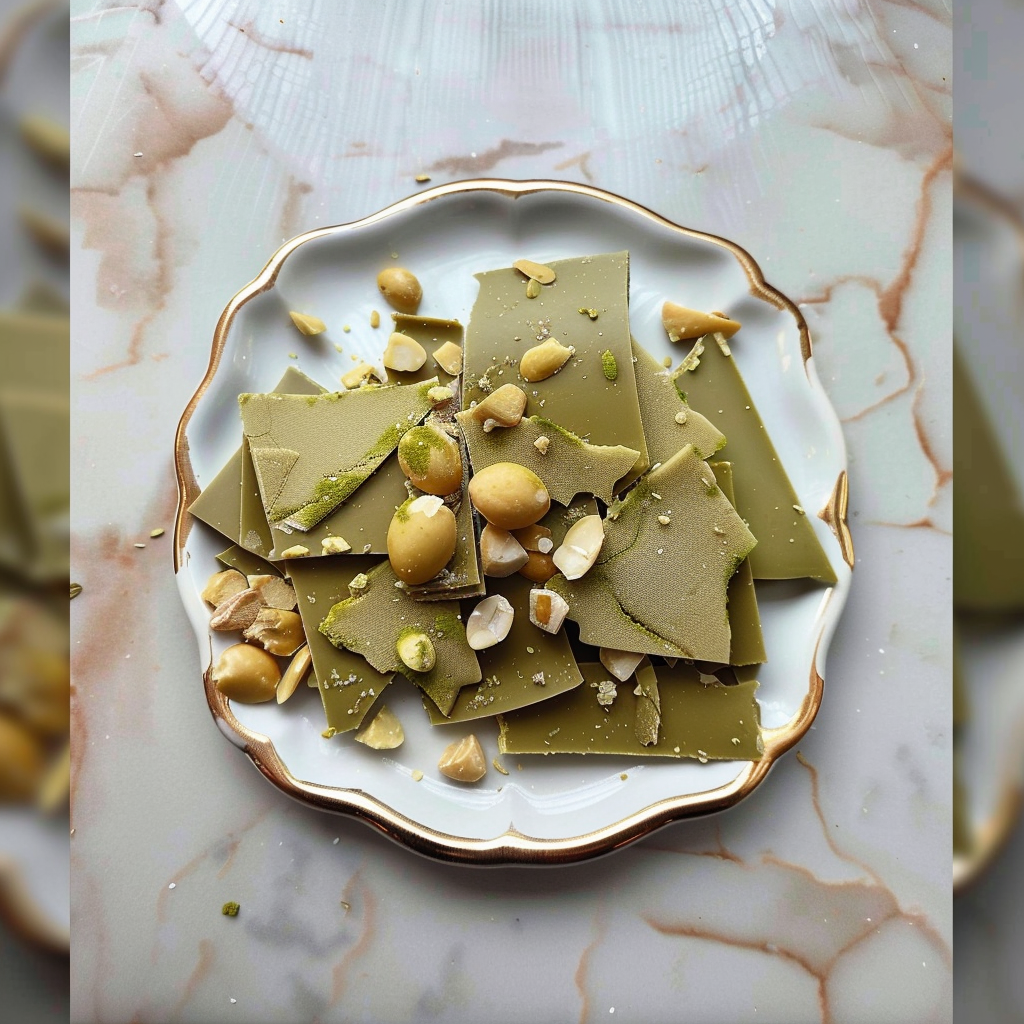 Recipe preparation for White Chocolate Pistachio Bark with Gold Flakes