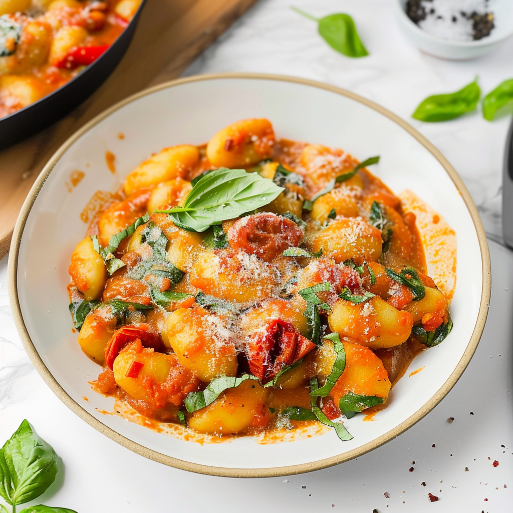 Recipe preparation for Creamy Sun-Dried Tomato Gnocchi with Spinach