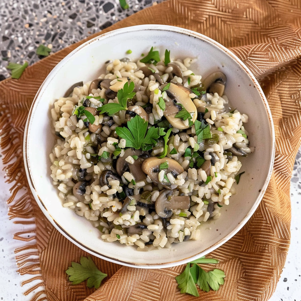 Recipe preparation for One-pot creamy mushroom & spinach risotto with truffle oil