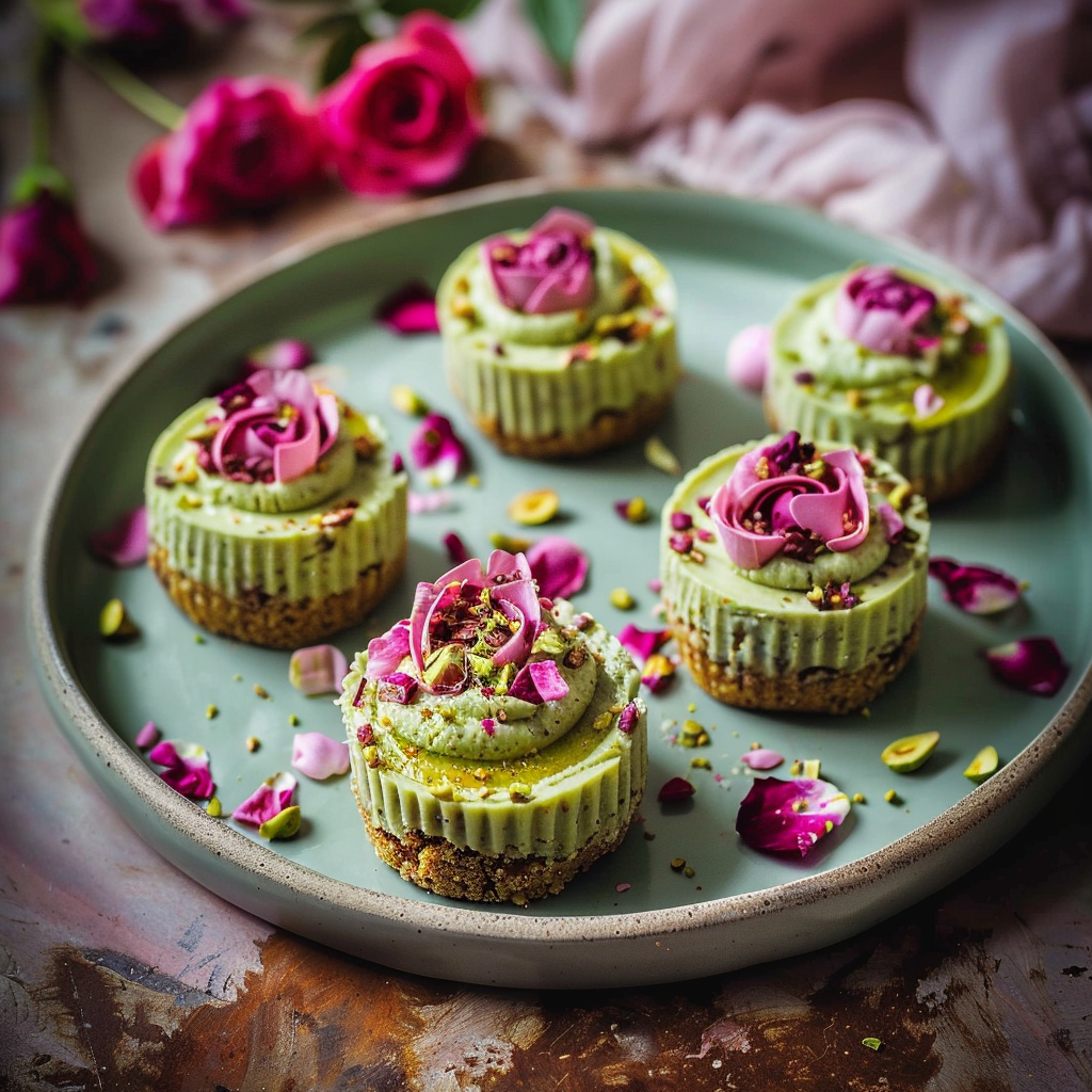 Recipe preparation for Mini pistachio-rose cheesecakes