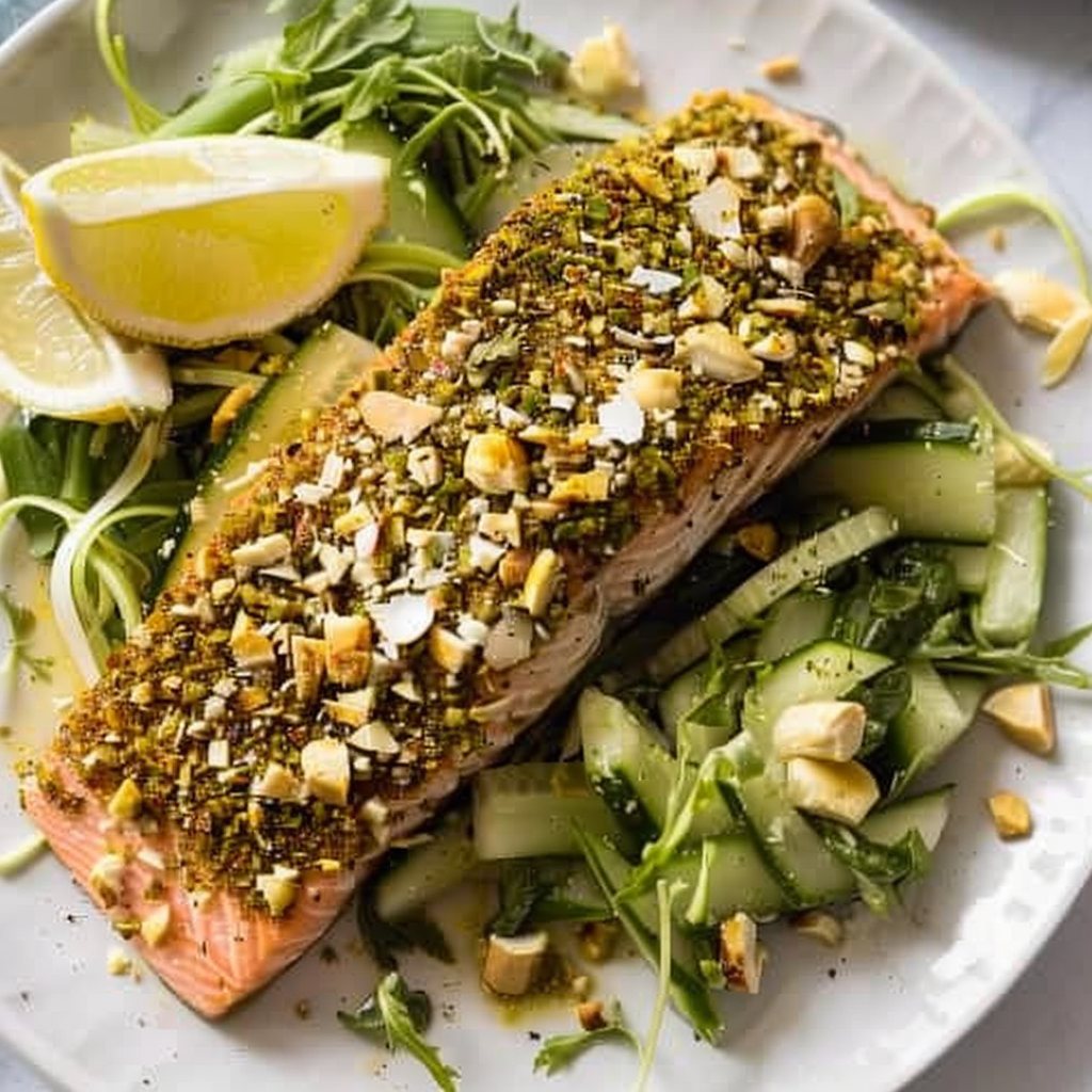 Recipe preparation for Pistachio-herb crusted salmon stacked salad