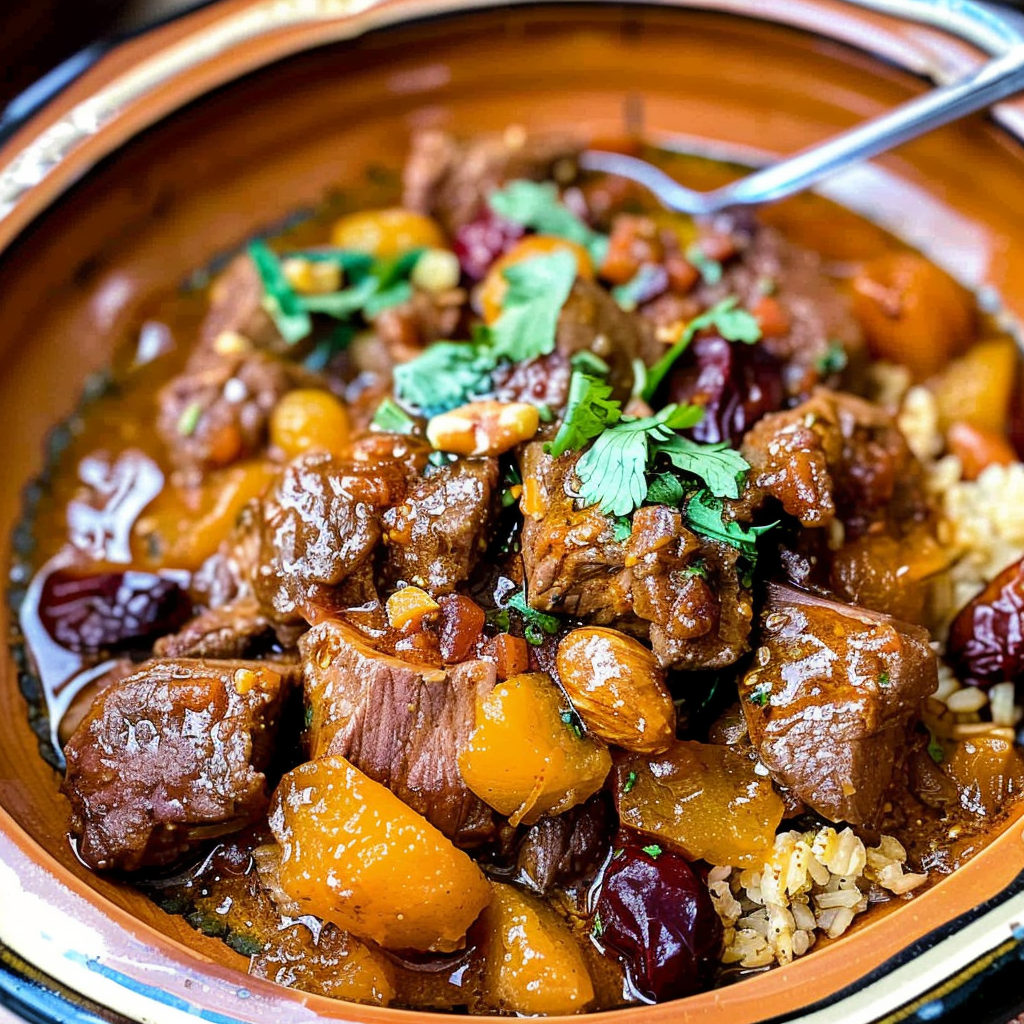 Recipe preparation for Middle Eastern spiced lamb tagine with apricot-almond couscous
