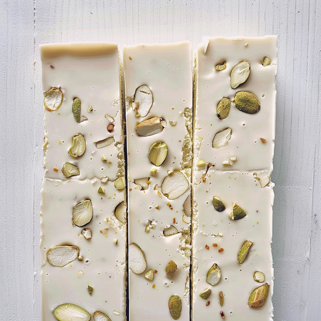 Recipe preparation for Pistachio nougat clusters with gold leaf