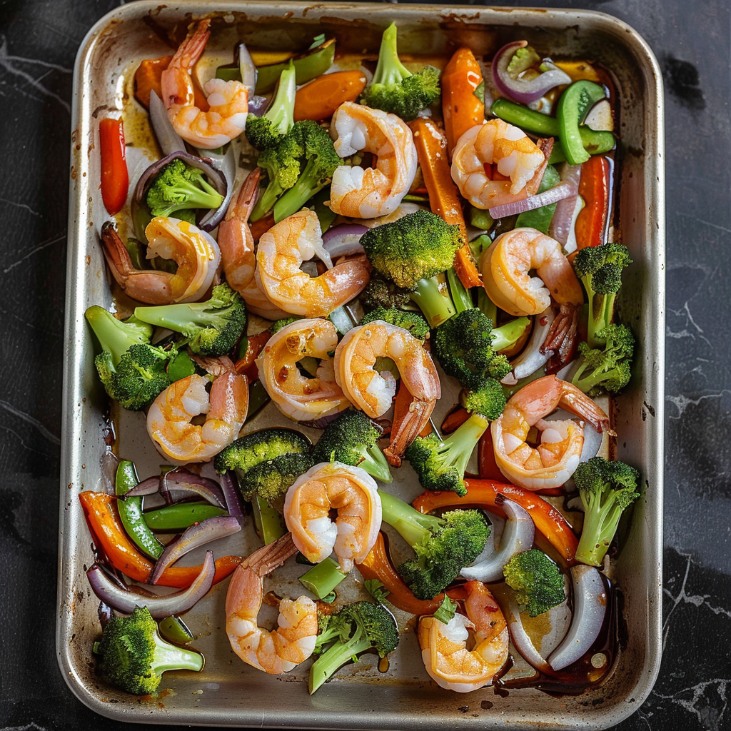 Recipe preparation for Sheet-Pan Garlicky Shrimp & Veggies