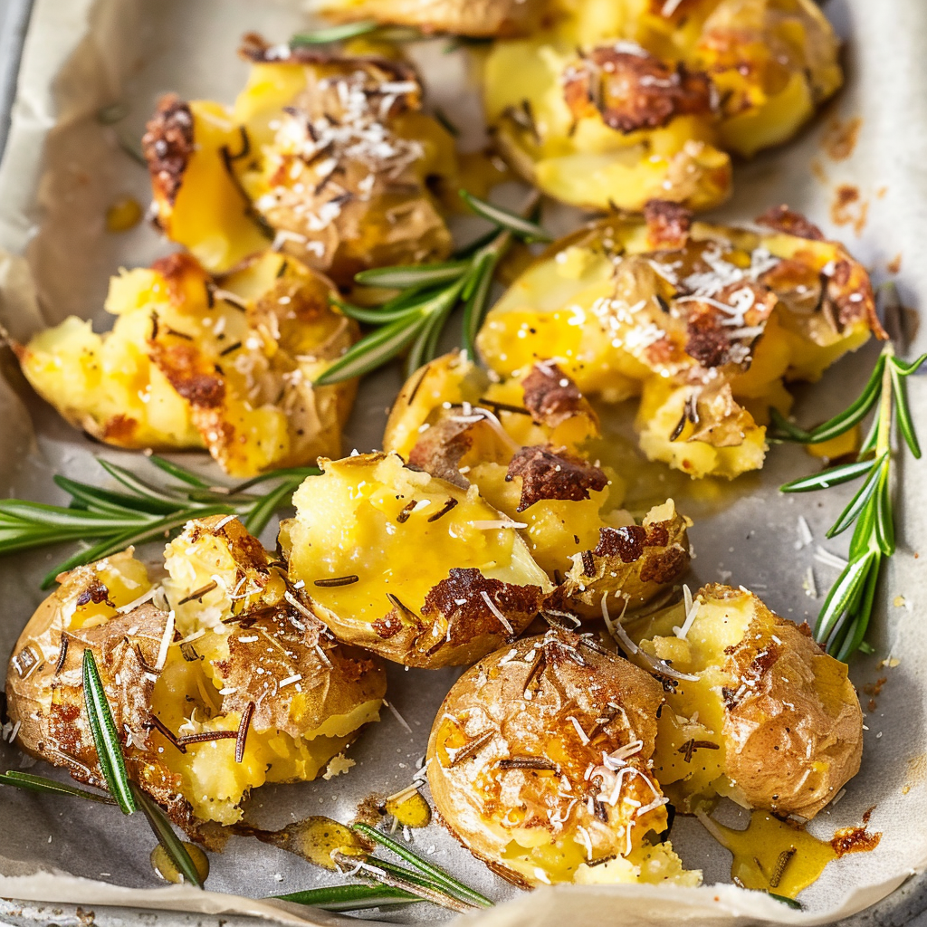 Recipe preparation for Smashed Potatoes with Parmesan and Rosemary
