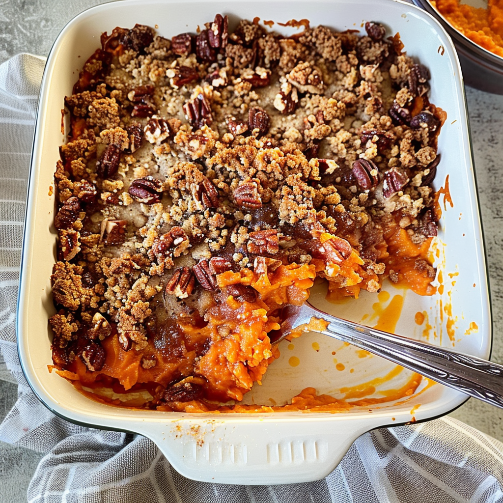 Recipe preparation for Sweet Potato Casserole with Pecan Streusel Topping