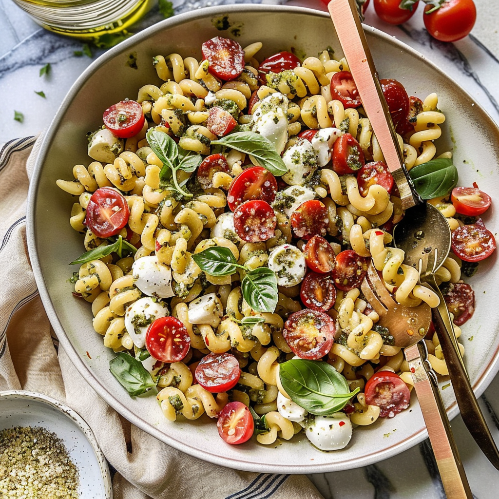 Recipe preparation for Creamy Pesto Pasta Salad with Cherry Tomatoes