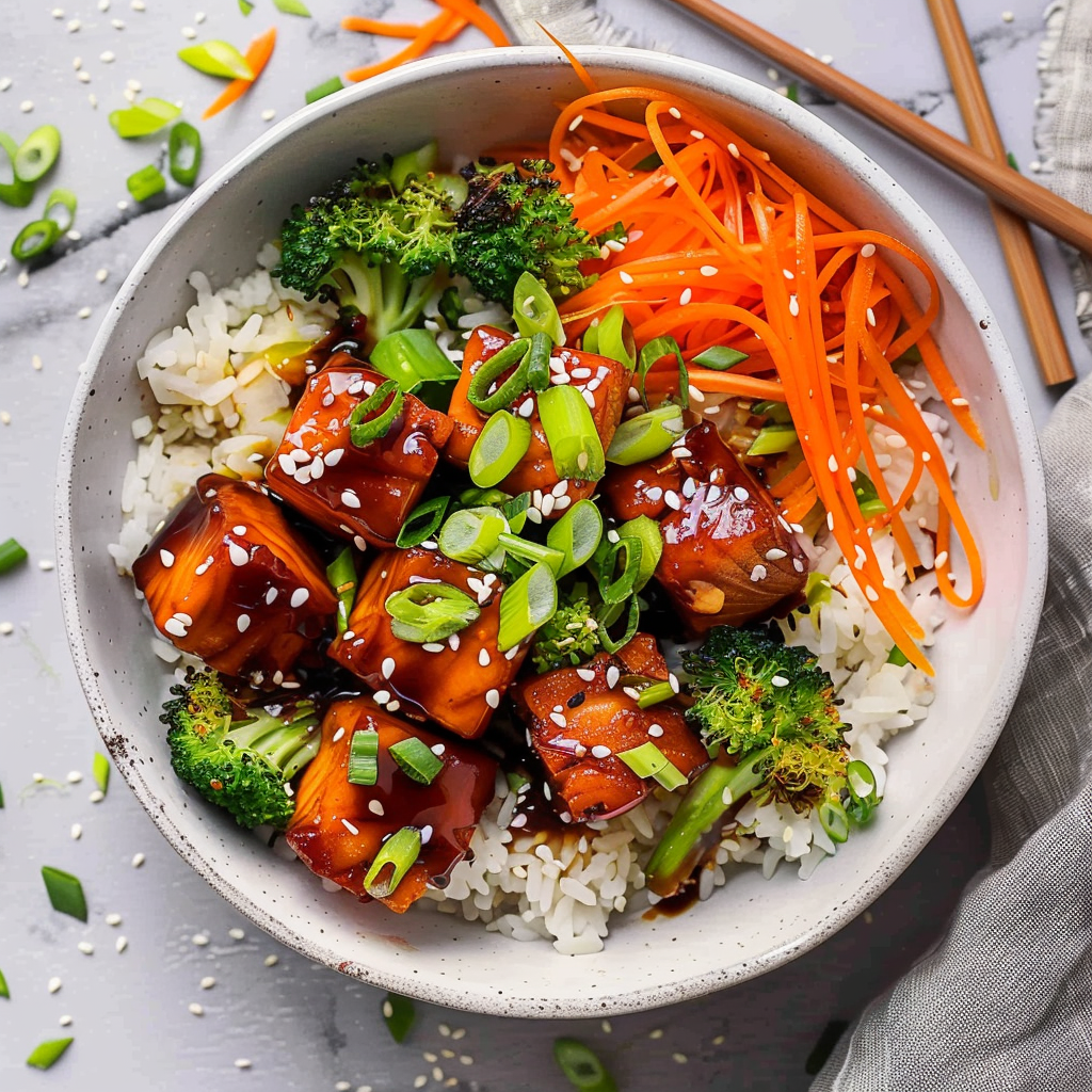 Recipe preparation for Honey Garlic Salmon Rice Bowls