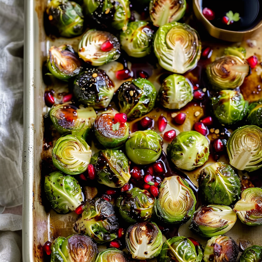 Recipe preparation for Roasted Brussels Sprouts with Pomegranate and Balsamic Glaze