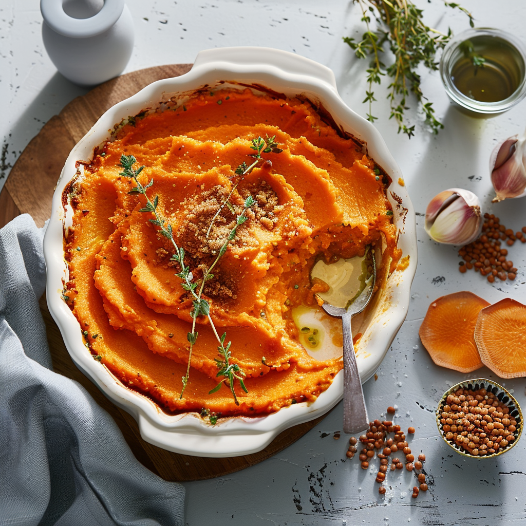 Recipe preparation for Lentil Shepherd's Pie with Sweet Potato Topping