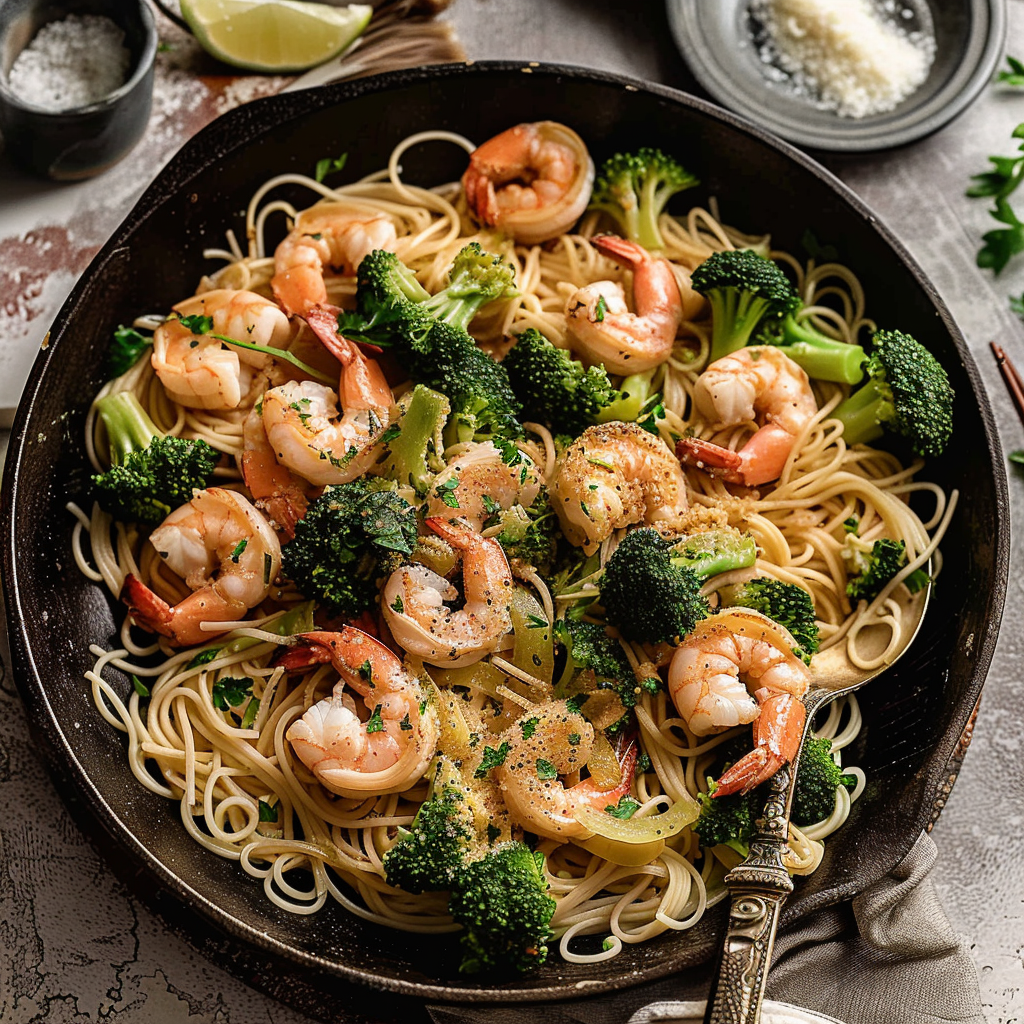 Recipe preparation for Chili Garlic Shrimp & Broccoli Noodles
