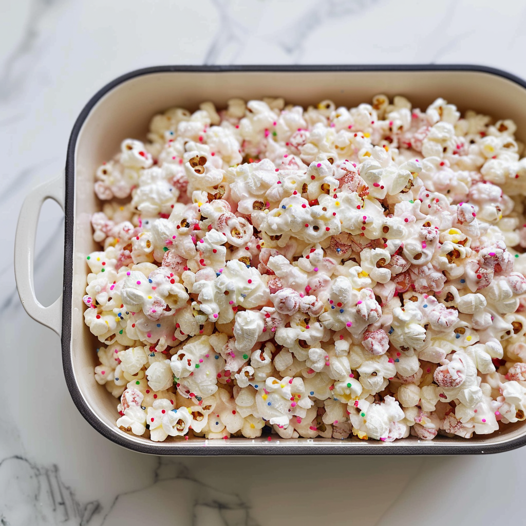 Recipe preparation for White Chocolate Marshmallow Popcorn Crunch