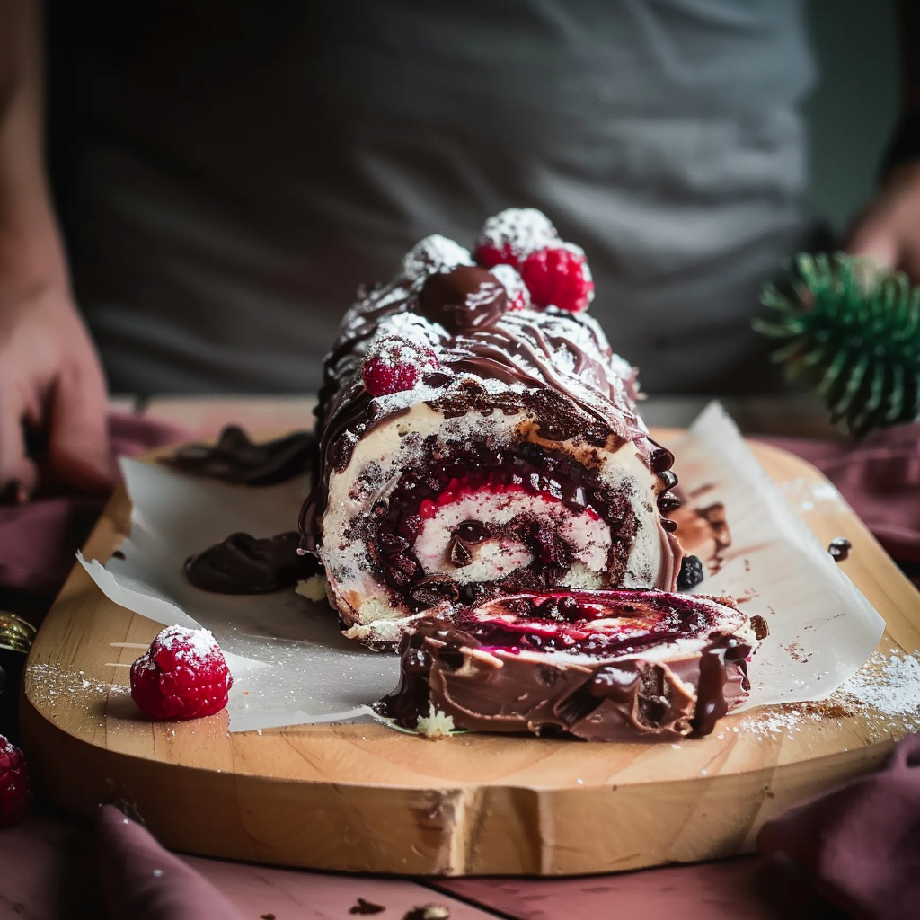 Recipe preparation for Chocolate-Cherry Yule Log Roll