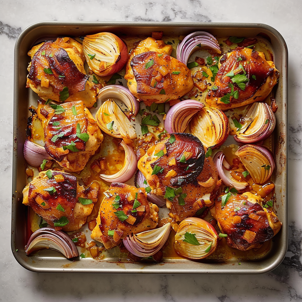 Recipe preparation for Sheet-Pan Roasted Red-Onion Chicken
