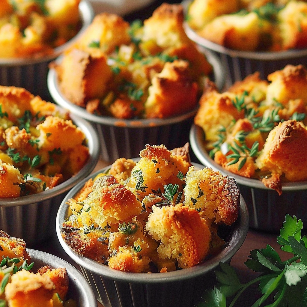 Recipe preparation for Spiced Apple & Sausage Cornbread Stuffing Muffins