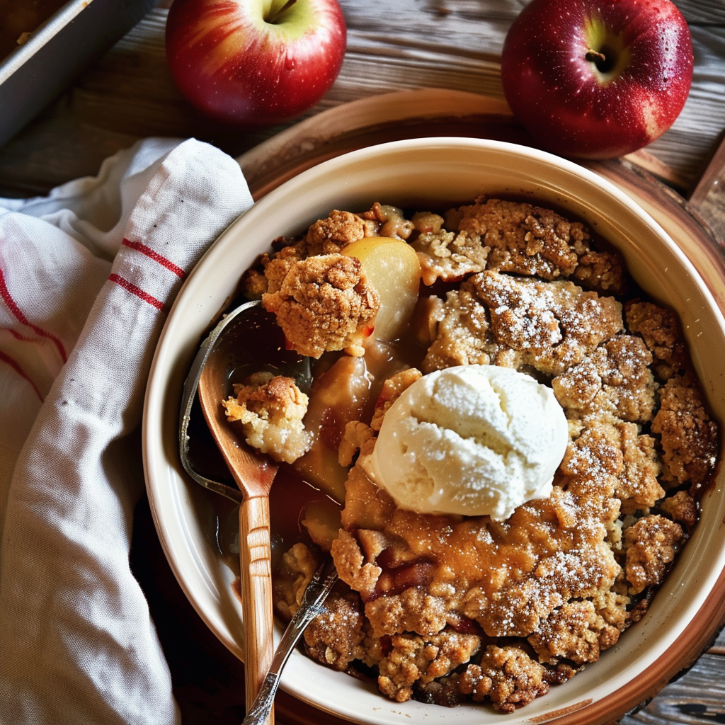 Recipe preparation for Bourbon Apple Crumble with Ice Cream
