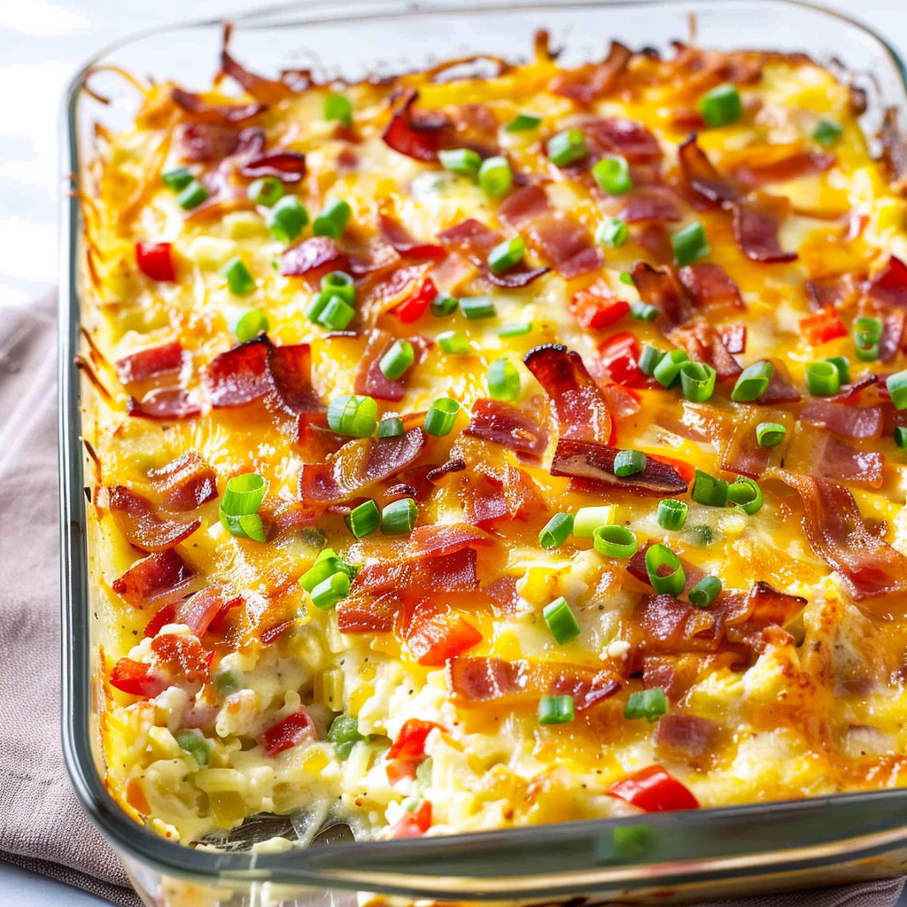 Recipe preparation for Christmas Morning Cheesy Bacon Hash Bake