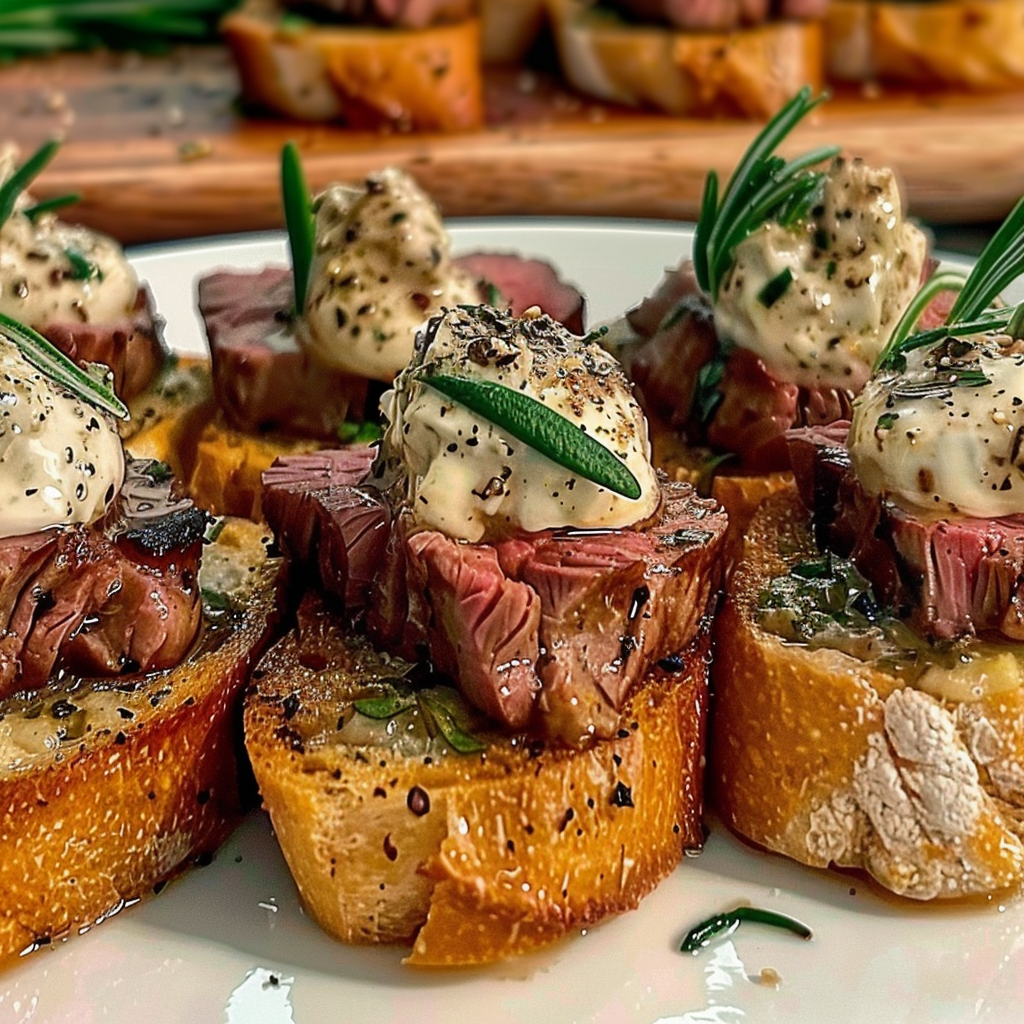 Recipe preparation for NYE Garlic Butter Steak Crostini Bites