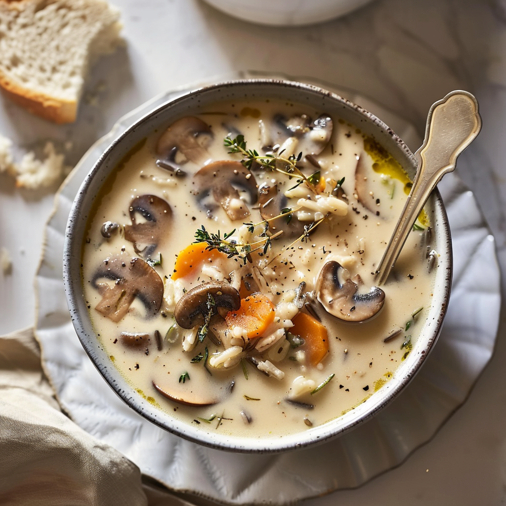 Recipe preparation for Creamy Mushroom and Thyme Wild Rice Soup