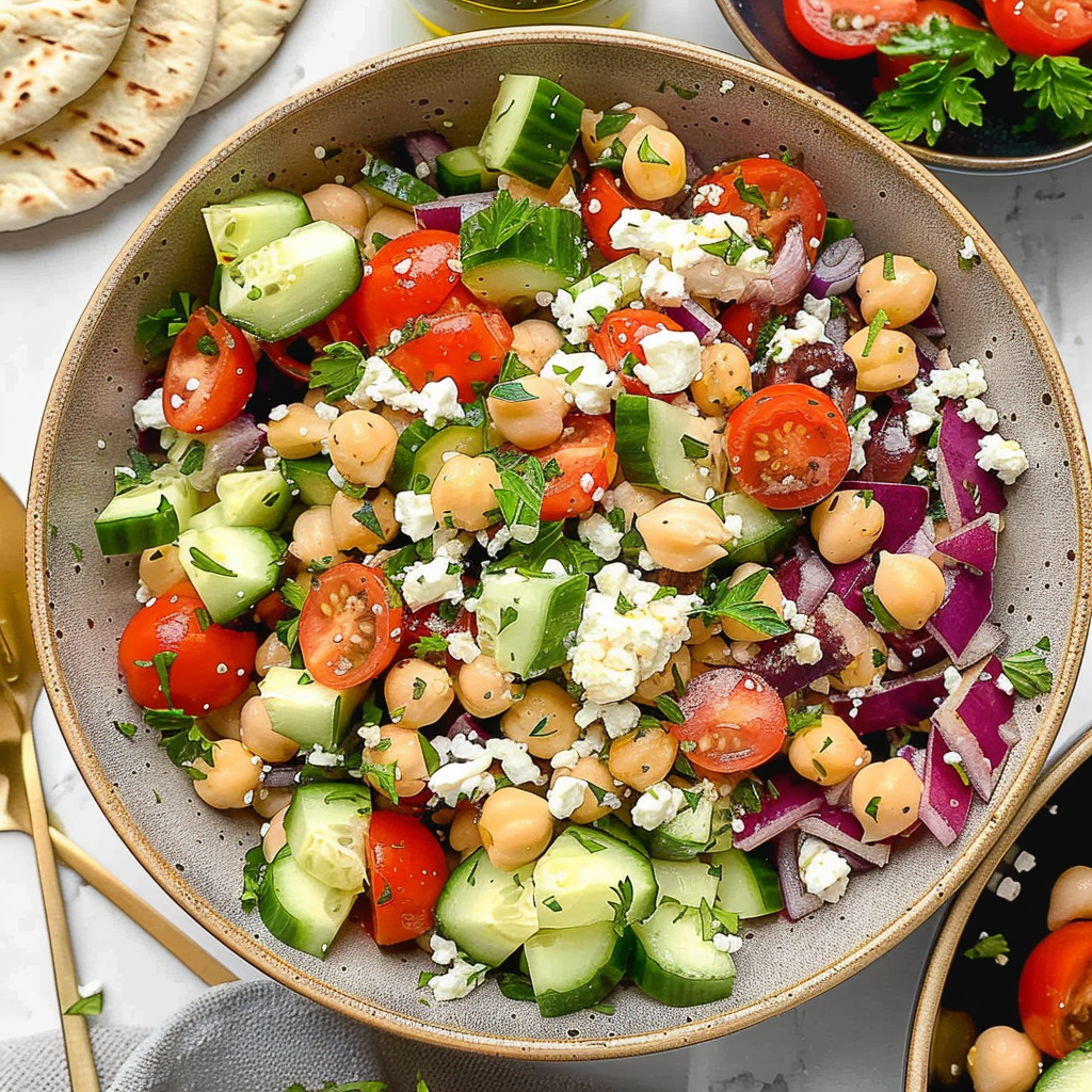 Recipe preparation for Mediterranean Chickpea & Feta Pita Bowl