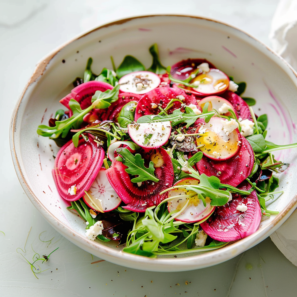 Recipe preparation for Candy Cane Beet Salad with Chevre