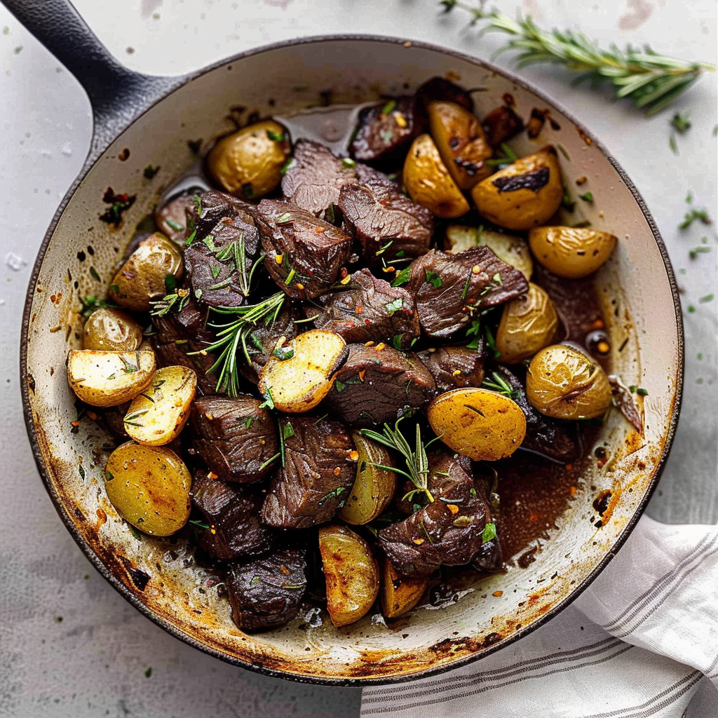 Recipe preparation for Garlic Butter Steak Tips with Roasted Potatoes