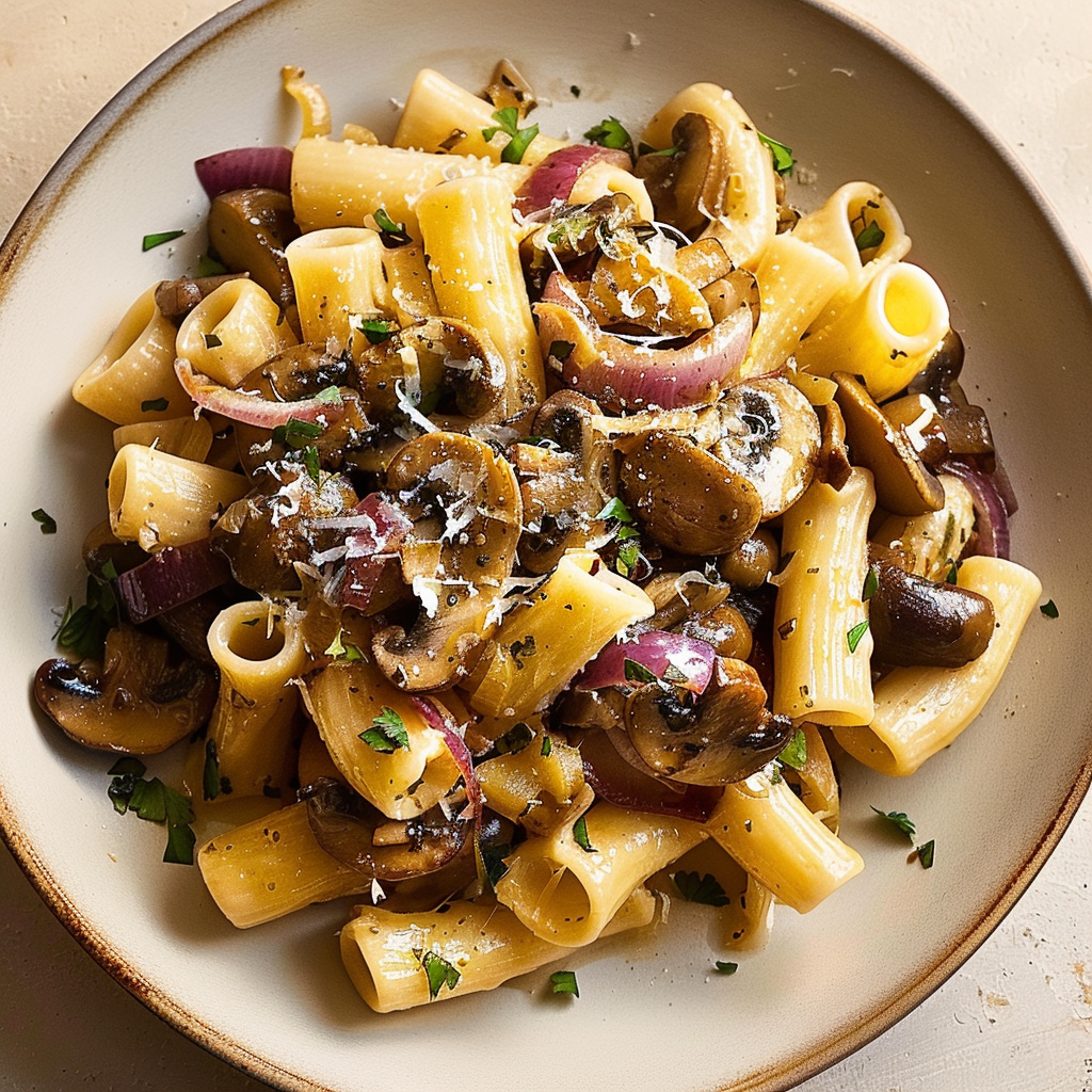 Recipe preparation for Golden Butter Mushroom Pasta Party Plate