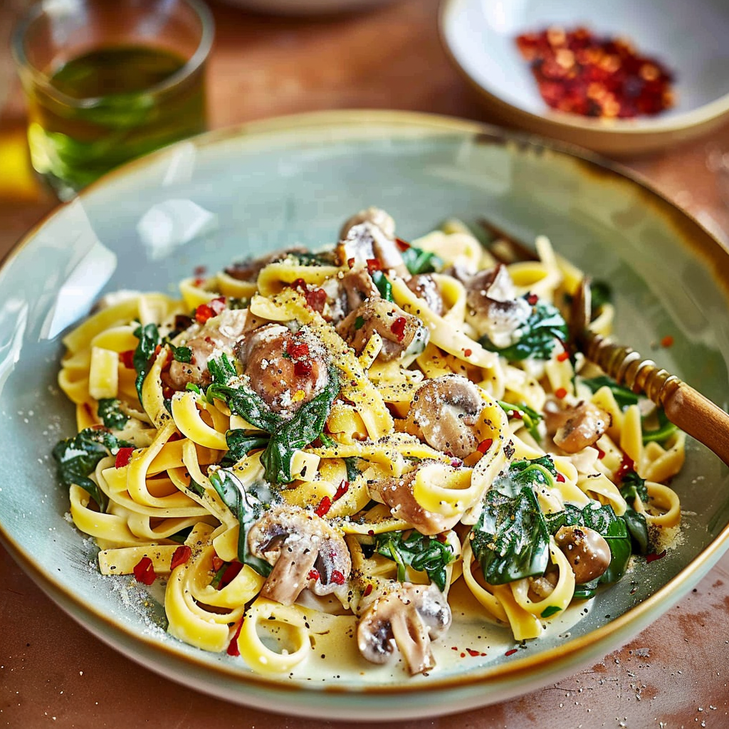 Recipe preparation for Winter Mushroom & Spinach Cream Pasta