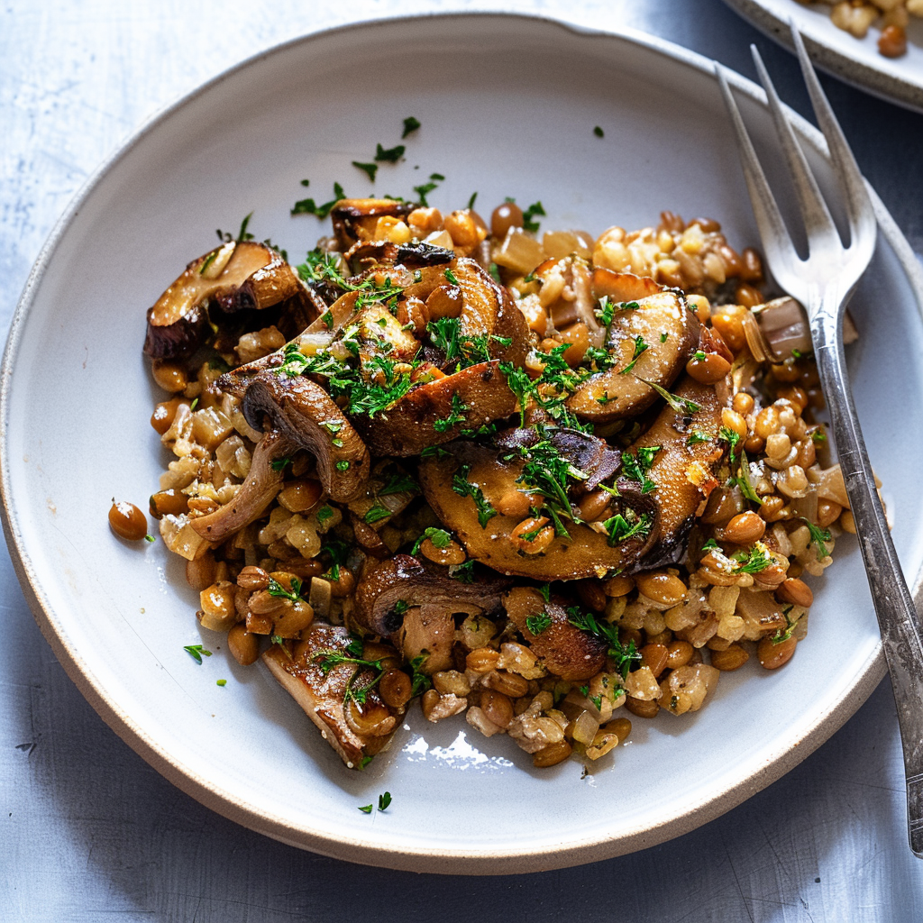 Recipe preparation for Baked Mushroom Farro with Thyme