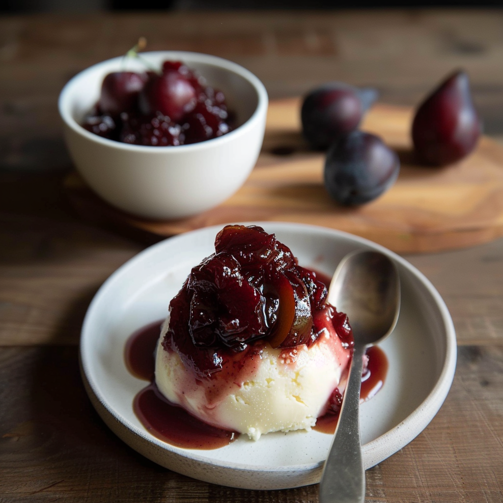 Recipe preparation for Warm Plum Compote with Vanilla Sauce