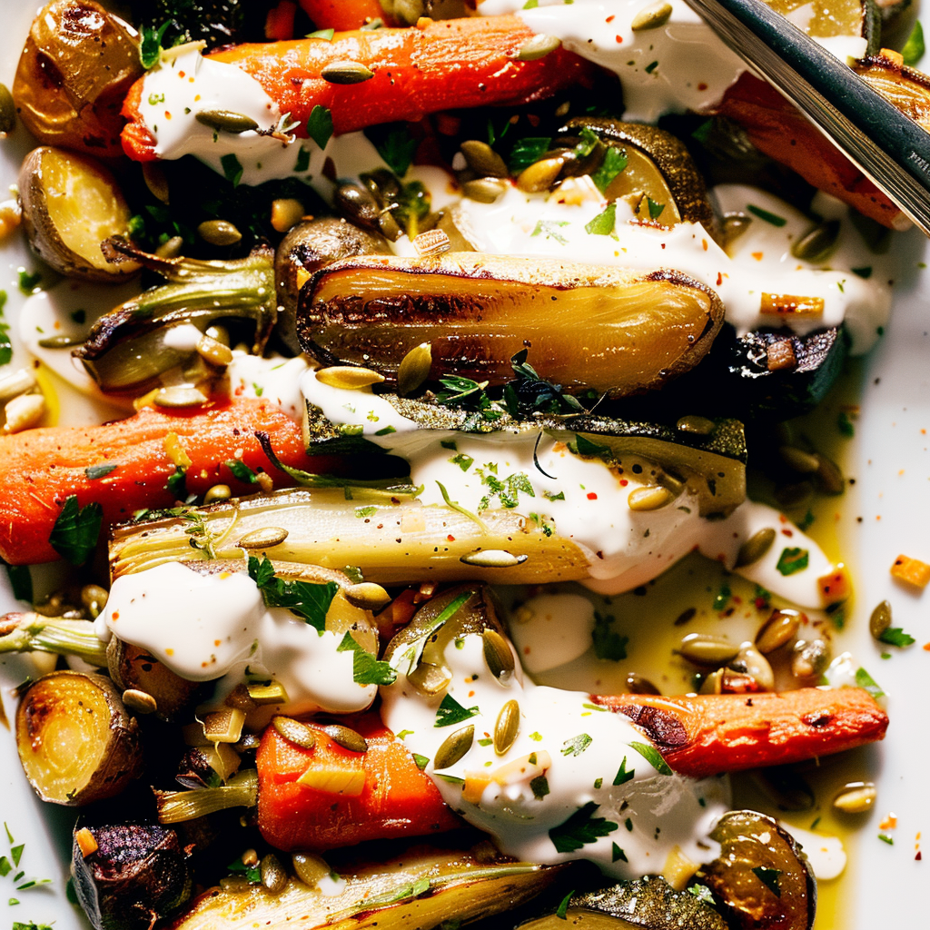 Recipe preparation for Christmas Roast Vegetables with Herby Yogurt Sauce