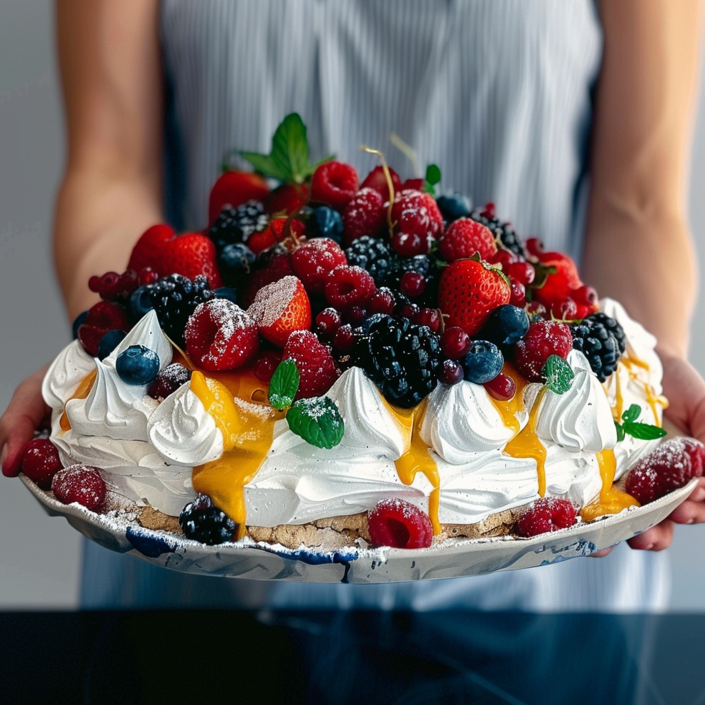 Recipe preparation for Fresh Berry Pavlova with Lemon Curd