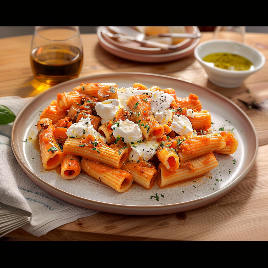 Recipe preparation for Spicy Vodka Rigatoni with Burrata
