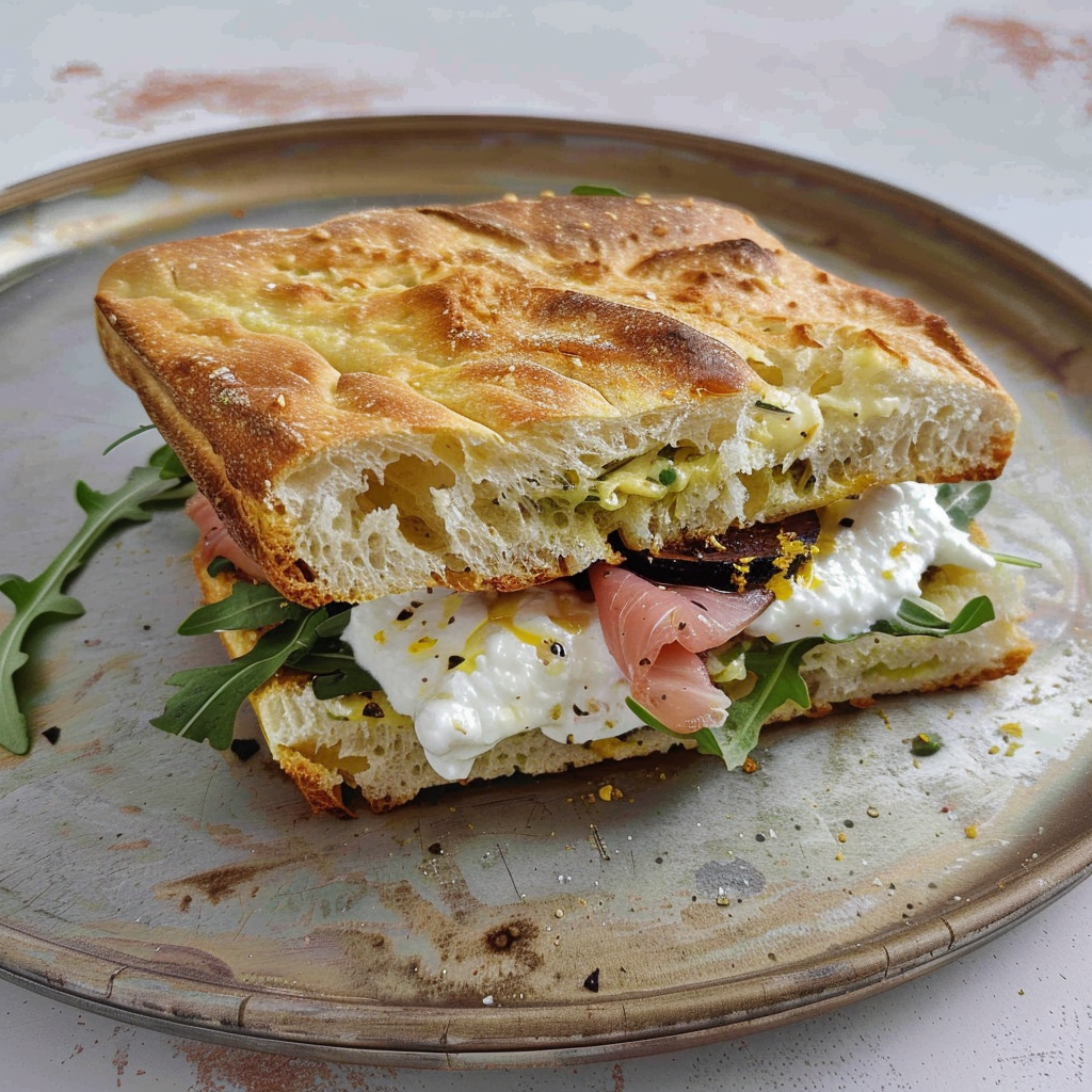 Recipe preparation for Stracciatella Focaccia Sandwich