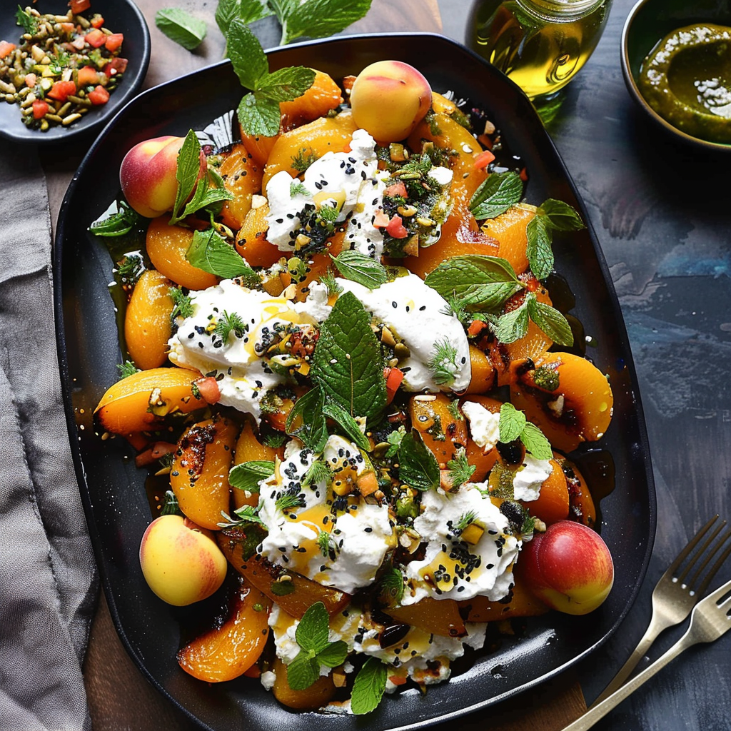 Recipe preparation for Grilled Peaches with Stracciatella & Mint