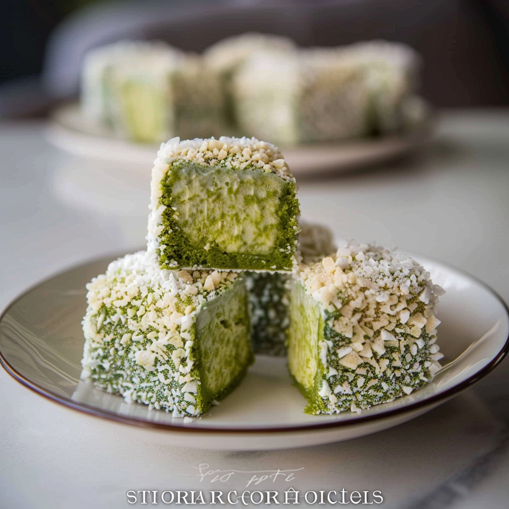 Recipe preparation for White Chocolate & Matcha Lamington Bites